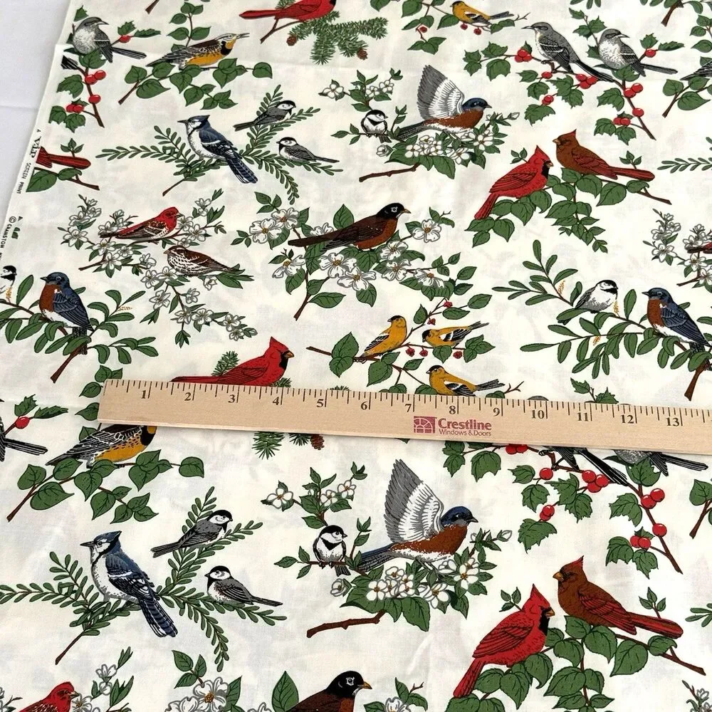Vtg American Song Bird Fabric Cardinal Blue Jay Cotton Quilt Cranston 94 x 44
